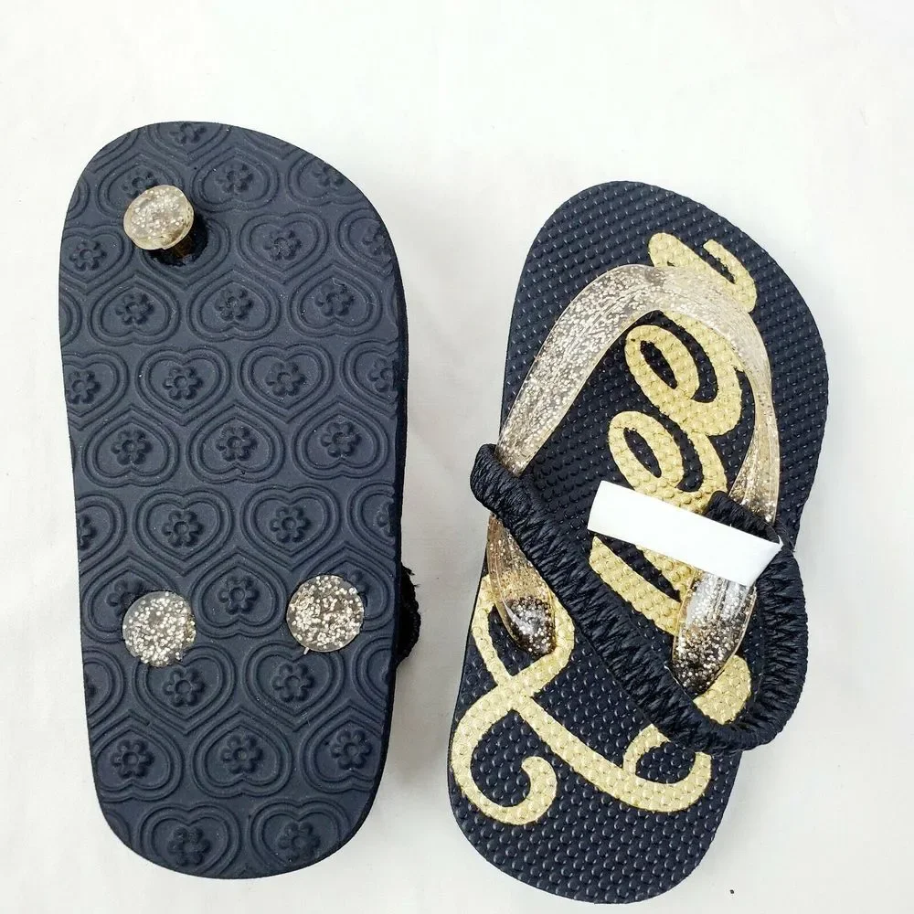 Children's Place Baby Mini Queen Flip Flop Sandals‎ Black Gold Size 6/7